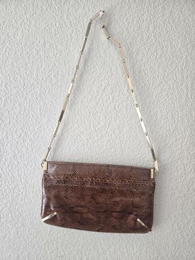 Brown Snake-Embossed Leather Shoulder Bag with Gold Chain Strap